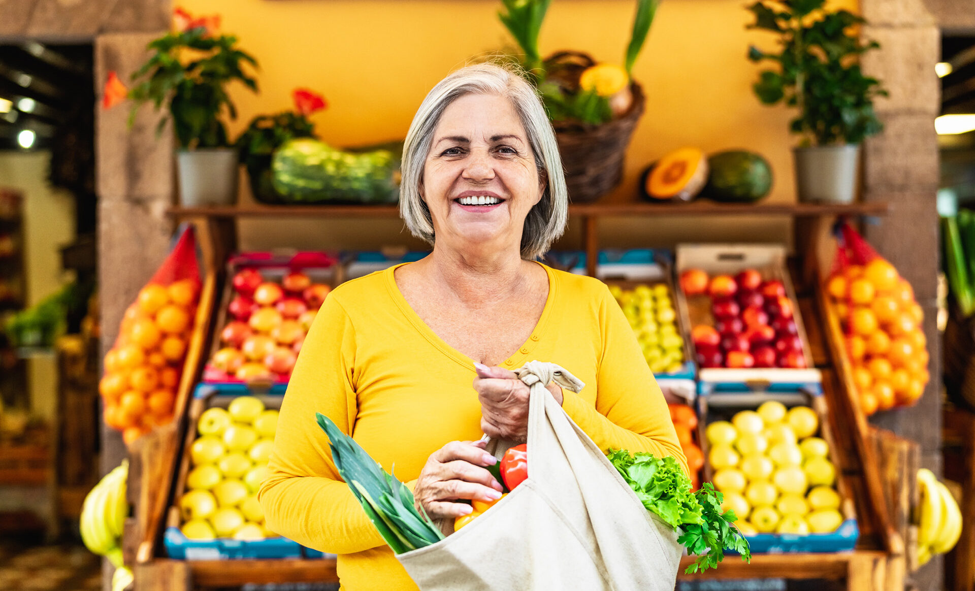 Woman confidently shops for groceries