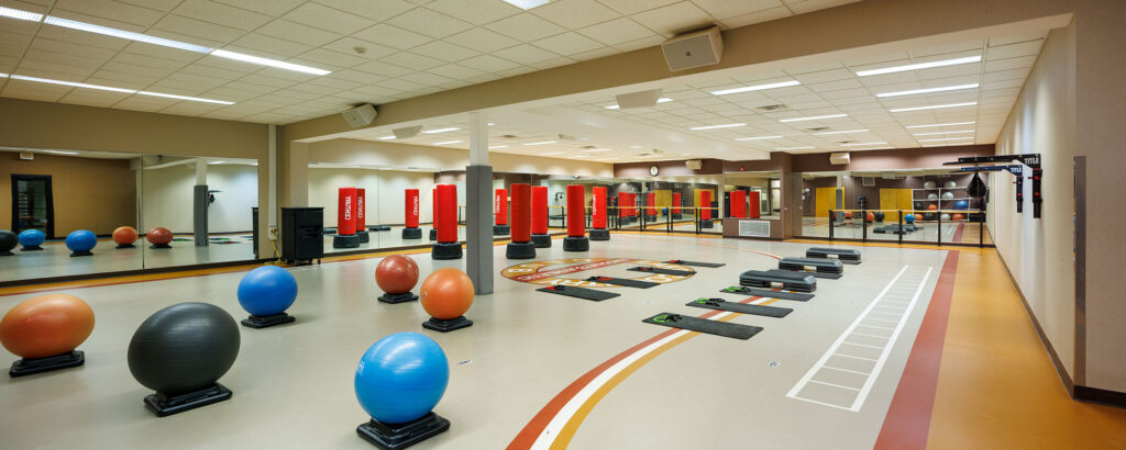 Fitness move studio with mats, exercise balls, risers, boxing bags. Great for fitness classes at the WAC Lake Country